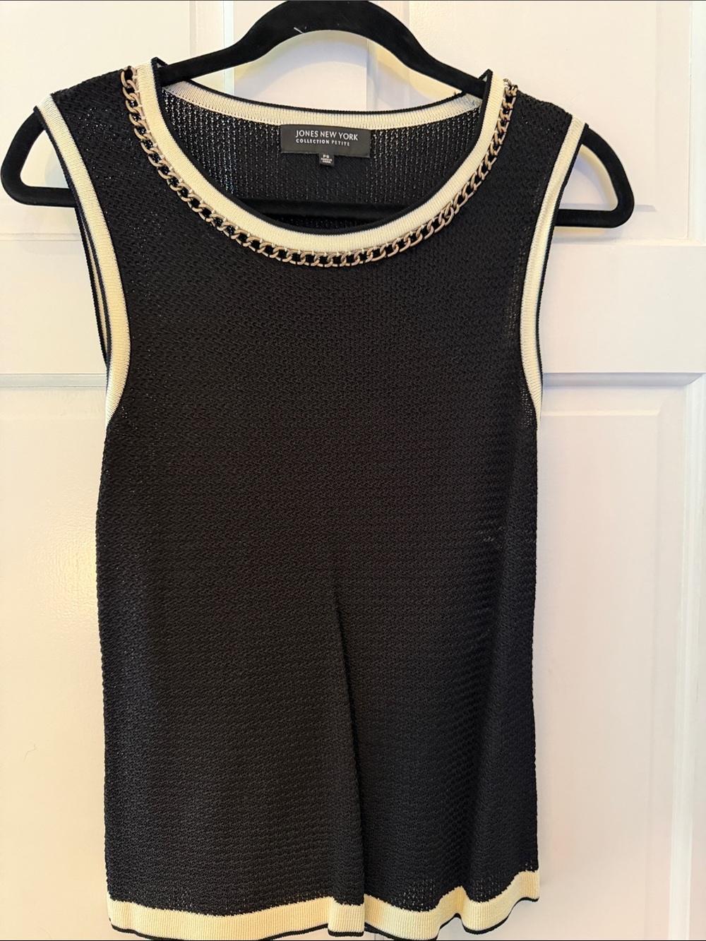 Jones New York Black Knit Tank with Cream Trim and Gold Chain